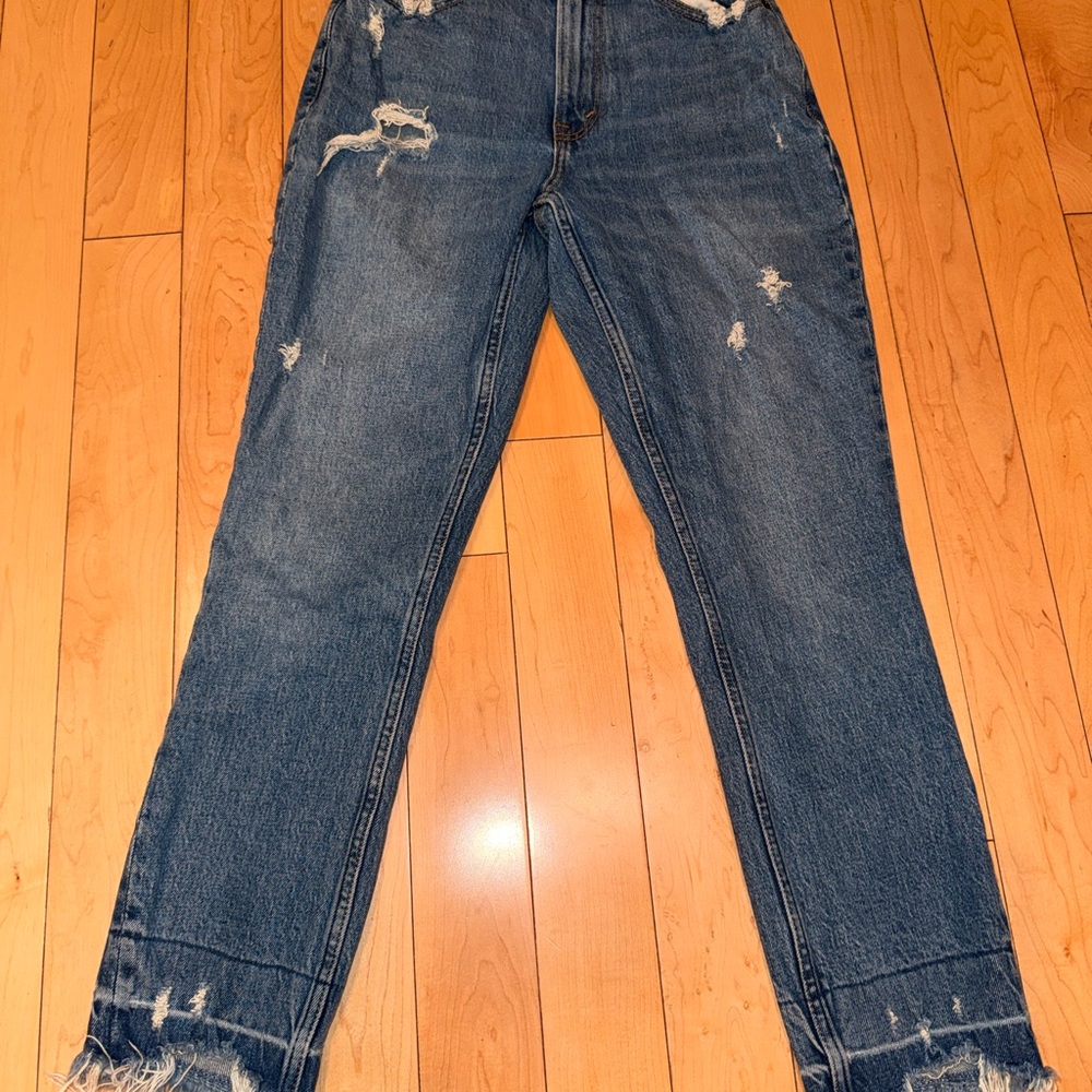 Abercrombie & Fitch Distressed Straight Leg Jeans - Dark Blue